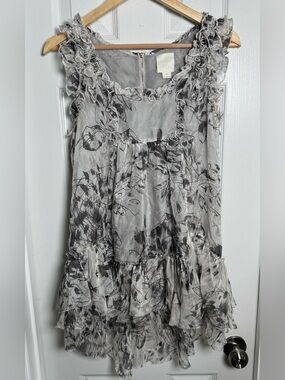 2K Line & Dot Abstract Floral Ruffle Mini Dress 100% Silk Gray Small Chic Party